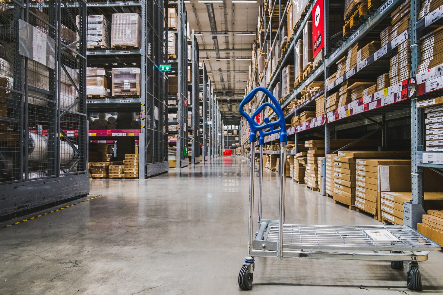 A cart in warehouse aisle in an IKEA store